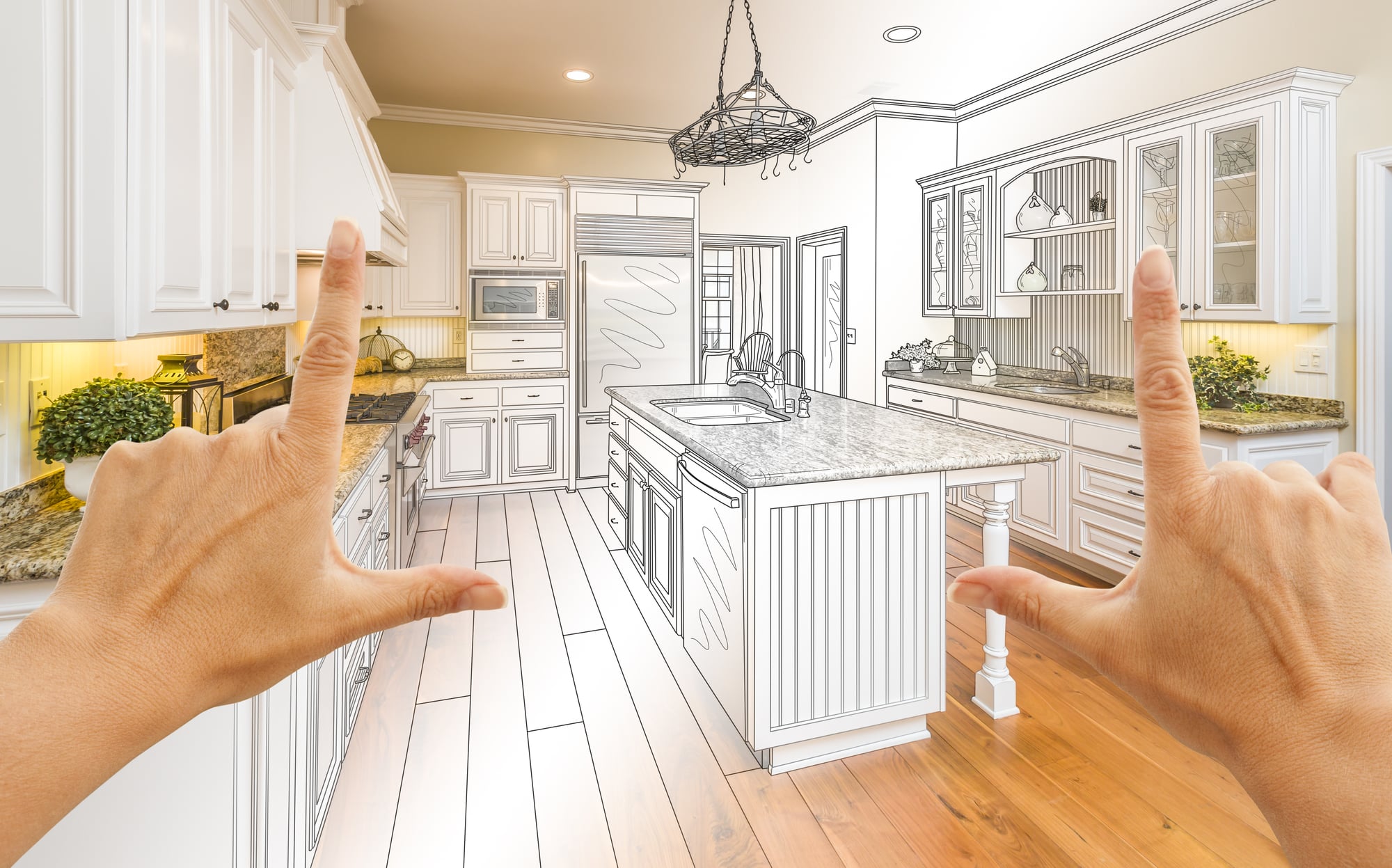 Female Hands Framing Gradated Custom Kitchen Design Drawing and Photo Combination.